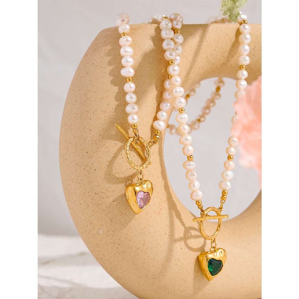 Natural Pearl Heart Zirconia 18k Gold Plated Necklace