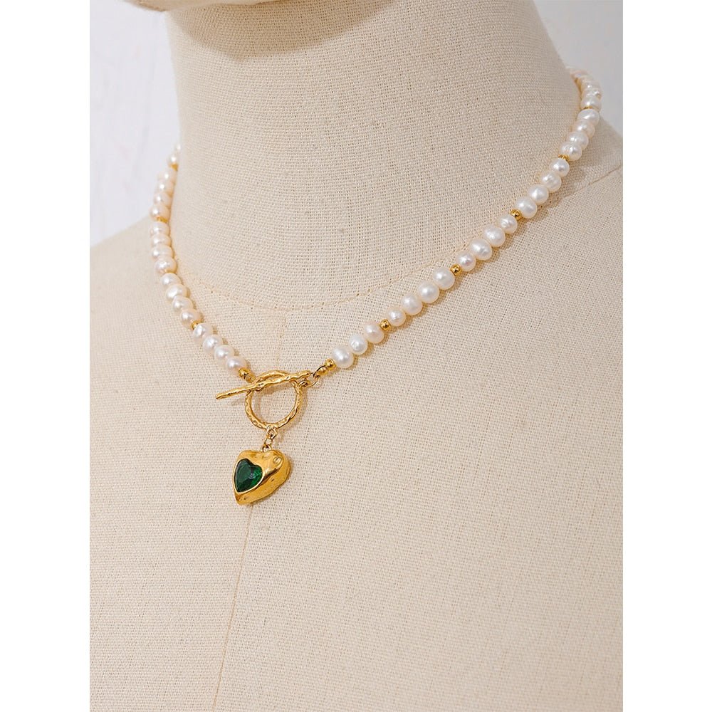 Natural Pearl Heart Zirconia 18k Gold Plated Necklace