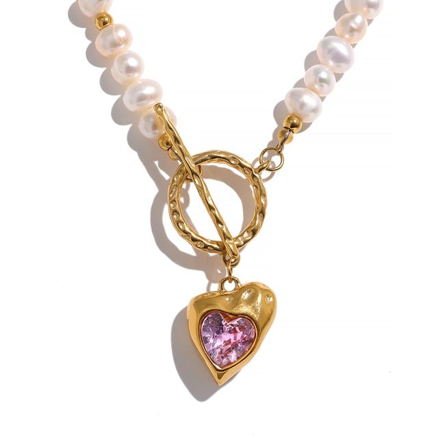 Natural Pearl Heart Zirconia 18k Gold Plated Necklace