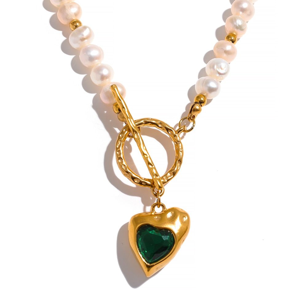 Natural Pearl Heart Zirconia 18k Gold Plated Necklace